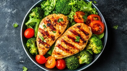 A wholesome meal of roasted chicken breast, grilled and golden, with a side of crisp salad and tender broccoli. A perfect option for those focusing on health and nutrition