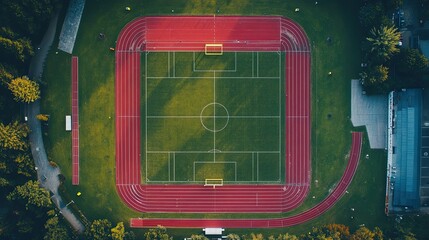 Aerial view of a football field with a red running track surrounding it, showcasing the layout of a modern sports stadium.