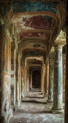 Wall Mural - Ancient underground passageway with faded frescoes, showcasing intricate details and historical significance. atmosphere evokes sense of mystery and timelessness