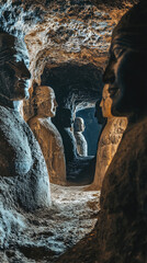 Ancient underground tomb with towering stone statues creates mysterious atmosphere. intricate details of statues evoke sense of history and reverence