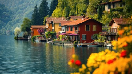 Serene lakeside town with colorful cottages and blooming gardens, offering a peaceful and picturesque travel experience