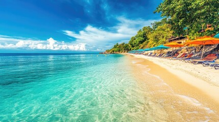 Wall Mural - Stunning tropical beach with crystal-clear waters, golden sand, and colorful umbrellas, offering a picturesque travel destination