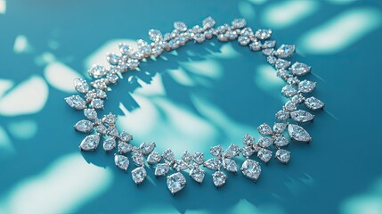 Wall Mural - Beautiful diamond necklace arranged on a bright blue surface, captured from above, emphasizing the sparkling stones and refined craftsmanship