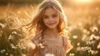 © A4719 - Happy Little Girl in Field of Daisies at Golden Hour