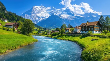 Beautiful day in the Swiss Alps with a village by the river, surrounded by green meadows and snow-capped mountains under the clear blue sky