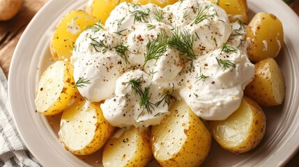 Boiled potatoes topped with creamy sour cream, garnished with fresh dill, served on a white plate for a comforting meal.