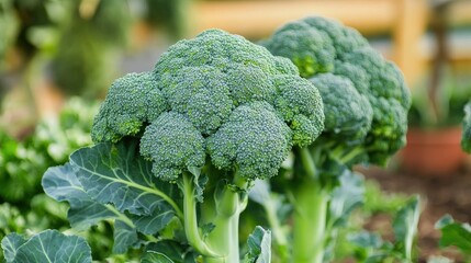 Broccoli plants flourishing in a vegetable garden, their green florets part of the Brassica oleracea family, which includes cabbage and cauliflower. A nutritious crop ready for harvest