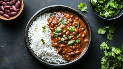 Classic North Indian meal of Rajma Chawal, with kidney beans in a spicy curry served alongside fluffy boiled rice. Fresh coriander adds a pop of color.