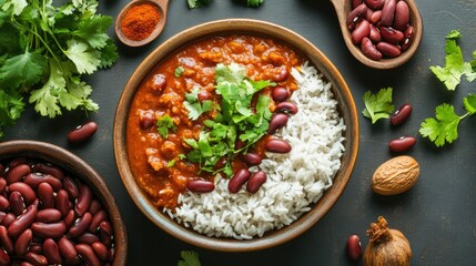 Wall Mural - Clay bowl of Rajma red bean curry with rice on a concrete background, surrounded by ingredients like raw beans, fresh coriander, and spices in a flat lay.