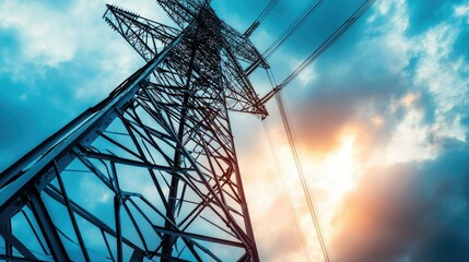 A close-up of a high voltage tower's steel structure, highlighting the intricate metal framework and cables against a cloudy sky.