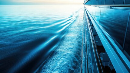 Wall Mural - Close-up of a cruise lineraes decks as it sails through calm blue waters, passengers enjoying the early morning light