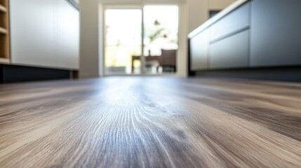 A close-up of vinyl flooring with a realistic wood grain pattern, leading into a bright, modern kitchen with clean lines.