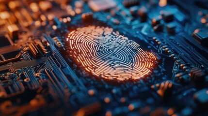 Poster - Close-up of a fingerprint scan integrated with a microcircuit board, symbolizing advanced biometric technology and security.