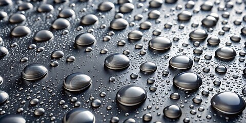 water droplets scatter across a shiny grey surface