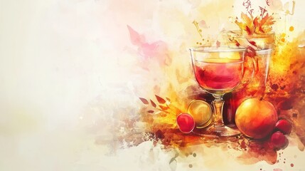 Watercolor style abstract illustration of Rosh Hashanah concept featuring traditional Jewish New Year symbols like apples, honey, pomegranates