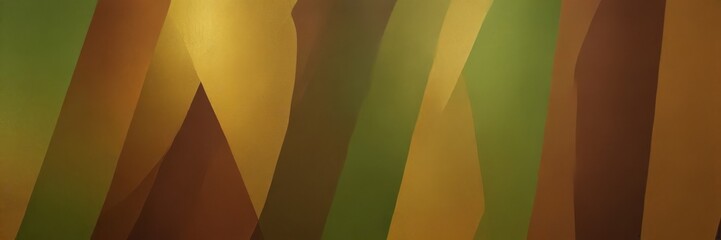 Wall Mural - Abstract painting featuring overlapping diagonal lines in various shades of green, yellow, and brown.