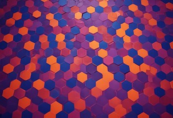 Poster - a close-up view of a pattern composed of numerous hexagonal tiles in various shades of orange, blue, and purple, arranged in a random and overlapping manner.