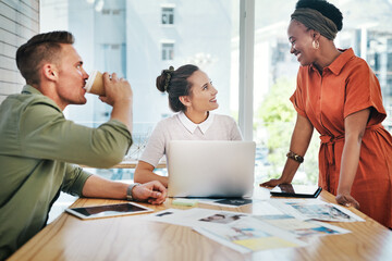 Poster - Creative, team and business people with laptop in office for design strategy, online campaign and website layout. Graphic designer, collaboration or discussion in boardroom for project brainstorming