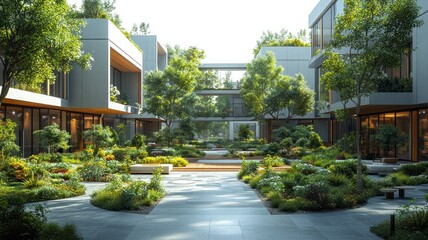 Wall Mural - Modern courtyard garden with lush greenery and contemporary architecture.