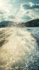 Wall Mural - A beautiful scene of water splashing up from boats wake as it speeds across serene lake, surrounded by lush green hills and bright sky filled with fluffy clouds