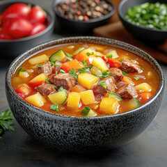 Canvas Print - Goulash soup with beef slices of sausage, onions and potatoes. Plus red pepper. All on a rustic background. AI generative.