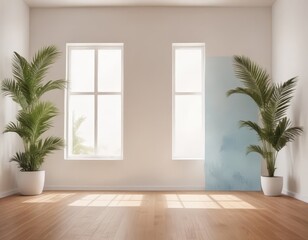 a bright and airy room with two large windows, two potted palm plants, and a wooden floor.