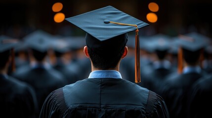 Graduation ceremony at a university with students in caps and gowns celebrating their academic achievements in the evening light