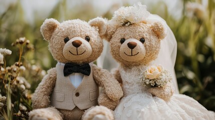 A pair of soft bear toys dressed in wedding outfits, sitting together as part of a charming wedding decoration.