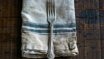 A single, silver fork elegantly placed on a linen napkin