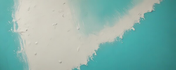 a close-up view of a white paint stroke on a turquoise background, with small white dots scattered throughout the stroke.