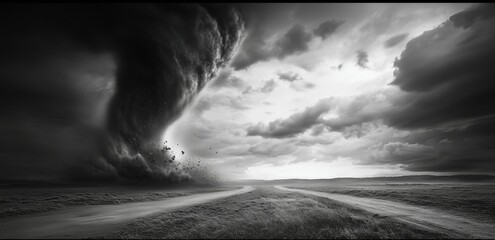 Black and white tornado whirlwind cloud landscape