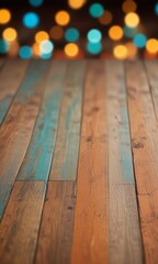 Wall Mural - A close-up of a wooden floor with a blurred background of colorful bokeh lights.