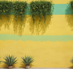 A vibrant yellow wall with a green stripe and hanging plants, accompanied by two potted succulents on the ground.