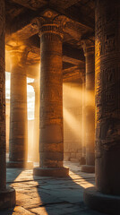 Wall Mural - A majestic ancient temple at dawn with sunlight streaming through columns, illuminating intricate carvings and casting beautiful shadows on stone floor. atmosphere is serene and awe inspiring