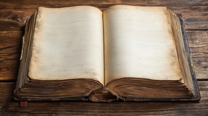 close up of a open book with blank pages on a desk, over view