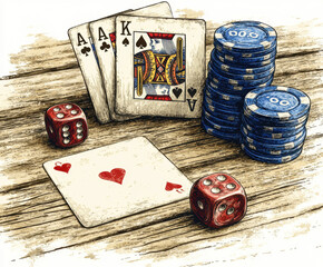 illustration of playing cards, dice, poker chips. AI generative.