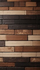 A close-up view of a brick wall, showcasing a variety of brown, black, and white bricks arranged in a staggered pattern.