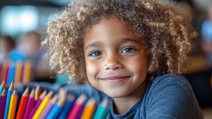 Young child smiling while surrounded by colorful pencils in a creative classroom setting during daylight