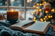 © gicku91 - A book with an open page and a pen on the table, next to it is a coffee in a beautiful mug with a candle inside