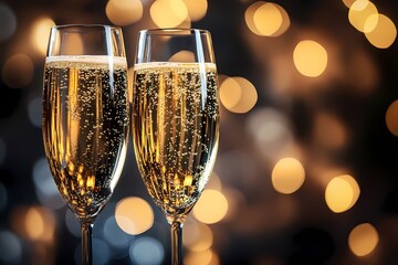 Two glasses of champagne toasting against a golden bokeh background, a New Year celebration concept.