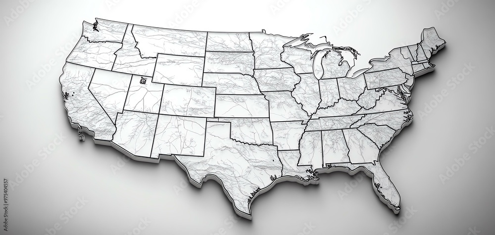 A detailed, grayscale 3D map of the United States of America ...