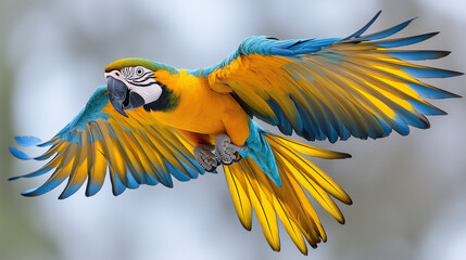 flying parrot. colorful parrot soaring through the sky. a vibrant blue and yellow parrot in mid-flig