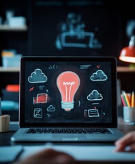 Wall Mural - creative and innovative digital ideas concept. lightbulb drawing on laptop screen, representing brai