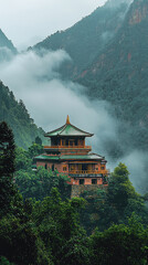 Wall Mural - A serene Buddhist temple nestled in mountains, surrounded by lush greenery and misty clouds, evokes sense of tranquility and peace