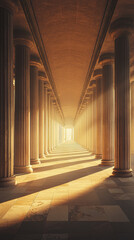 Wall Mural - A grand hallway in temple, lined with tall columns, creates majestic atmosphere. sunlight streams through, casting beautiful shadows on stone floor, evoking sense of tranquility and awe