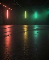 Wall Mural - a dimly lit room with three neon lights in red, green, and yellow, casting a colorful glow on the wet floor.