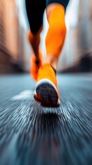 A runner stretching before a marathon in an urban setting with motion blur