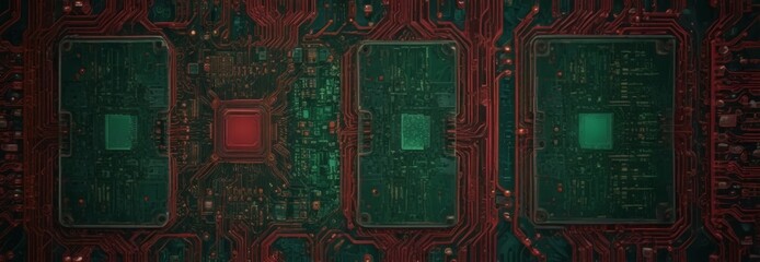 Wall Mural - a close-up view of a circuit board with three green squares and a red square in the center, surrounded by a complex network of red and green electronic components.