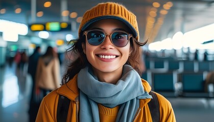 Wall Mural - Joyful traveler portrait in vibrant airport setting, capturing the essence of wanderlust and excitement for adventure.