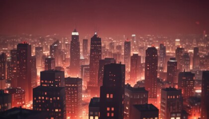 Wall Mural - A night view of a densely populated city skyline, with tall buildings illuminated by bright lights against a dark red sky.